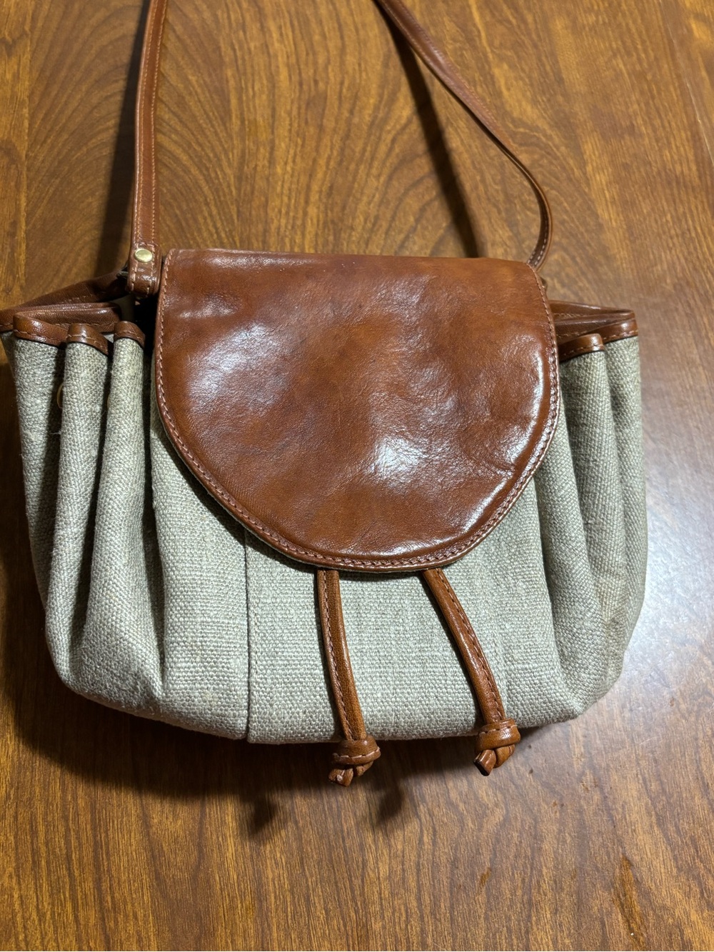 Vintage Tan Canvas and Brown Leather Crossbody Bag drawstring